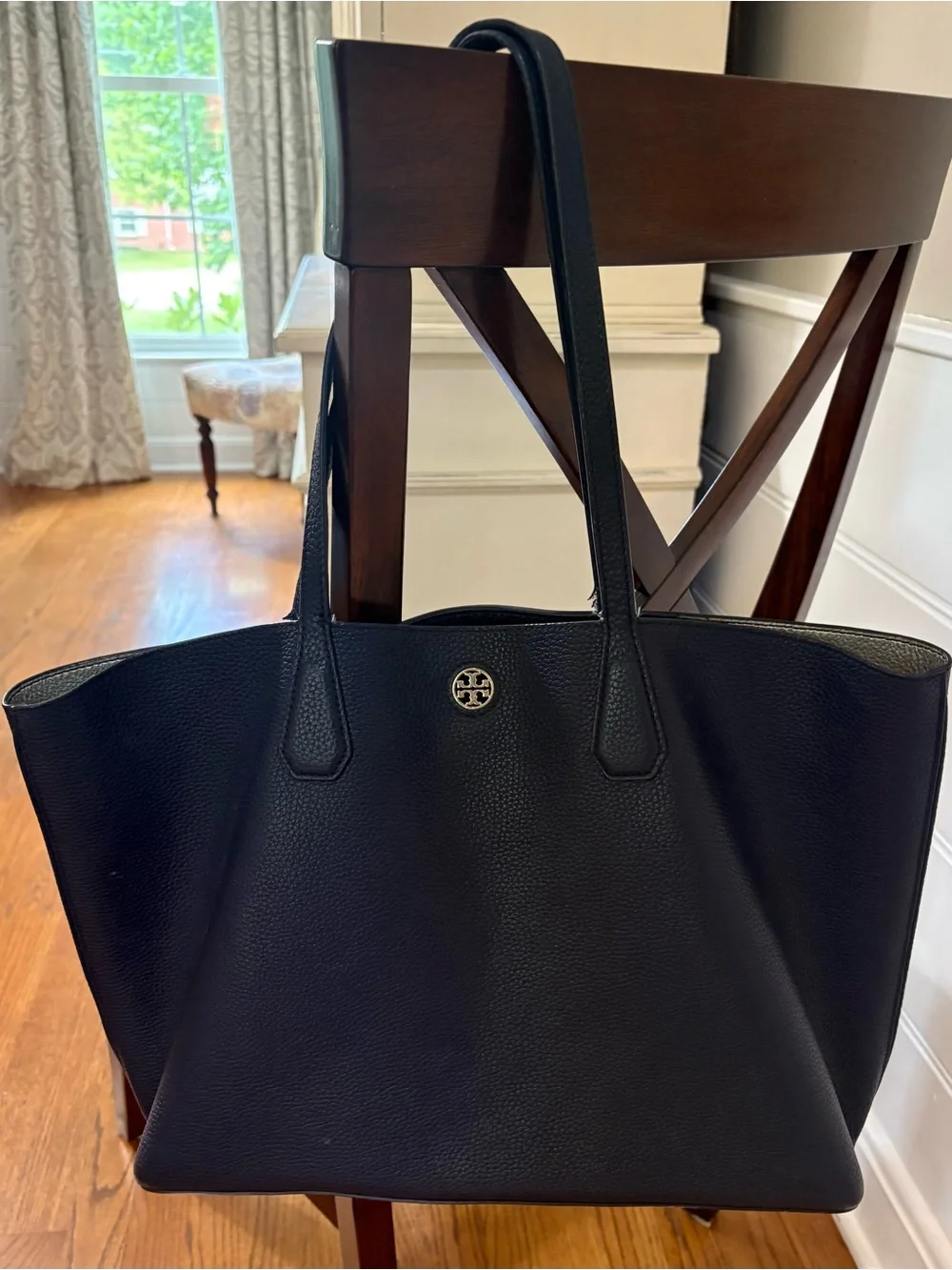Tory Burch navy Pebbled Leather Tote with Logo Medallion  17x11” bottom is 6”